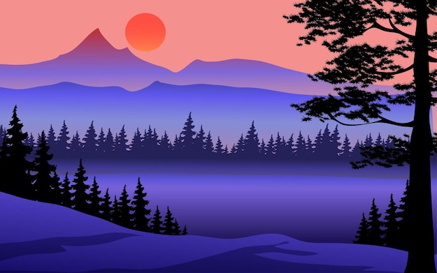 Mountain sunset panorama with foggy forest