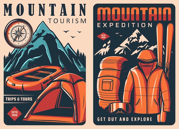 Mountain tourism travel gear vector vintage poster