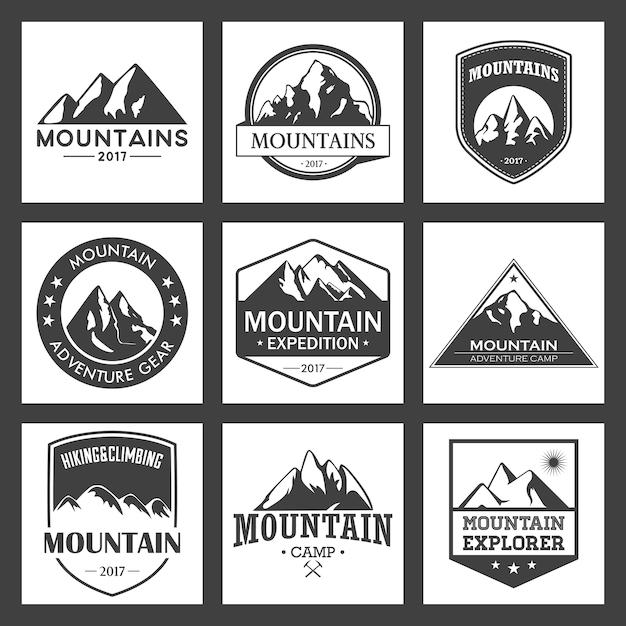 Mountain travel, outdoor adventures logo set. Hiking and climbing insignias for tourism organizations, events, camping leisure.