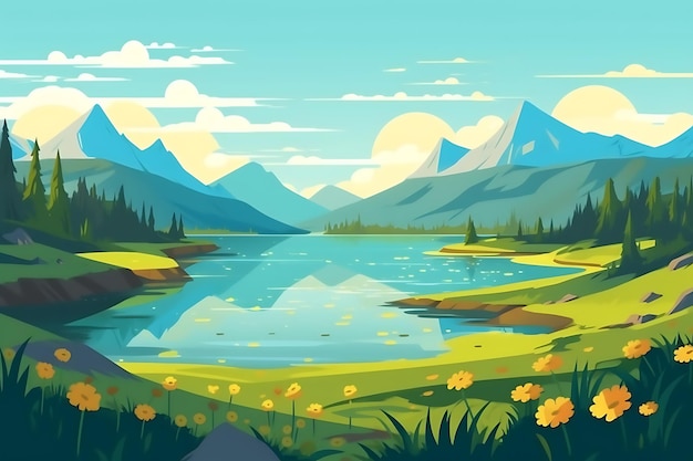 Vector mountain valley flat colors poster travel and adventure vector illustration