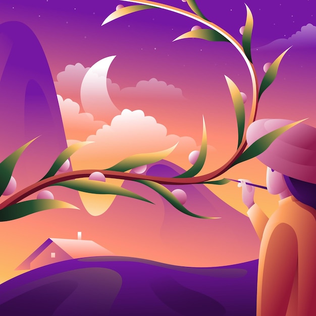 Mountain village nature vector landscape. Female painter in a hat uses a brush to paint leaves.