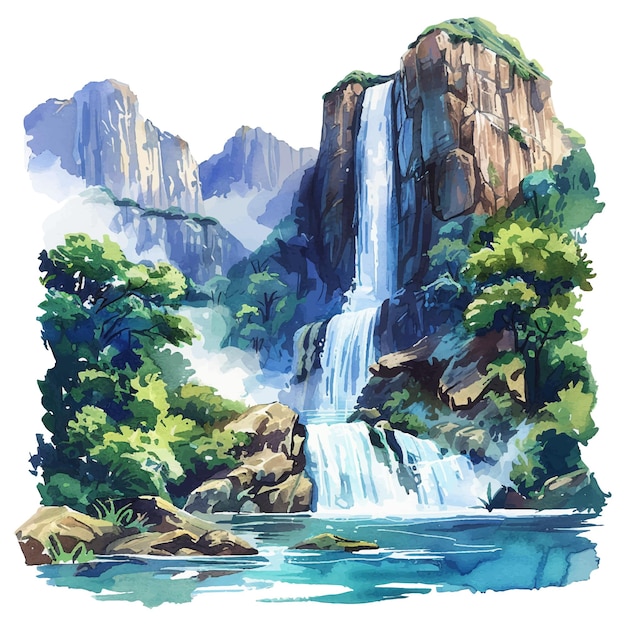 Vector mountain waterfall vector illustration in watercolor style