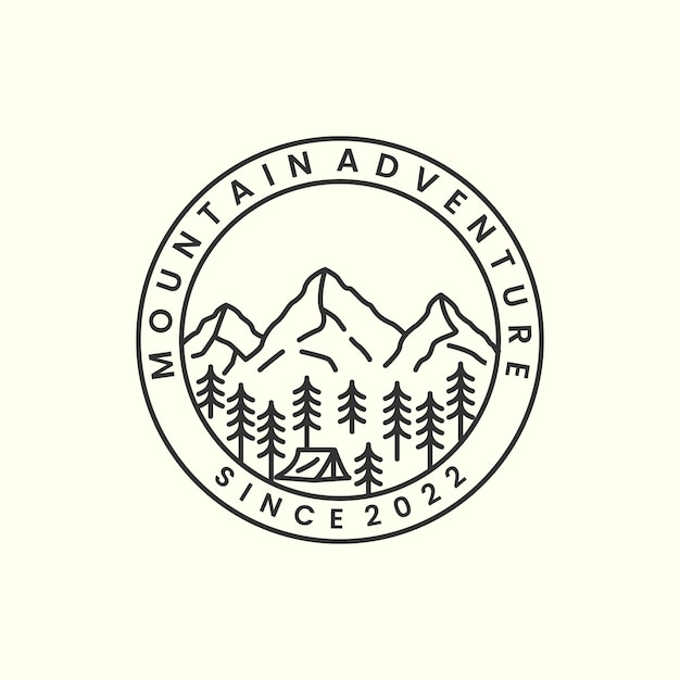 Mountain with badge and line art style logo icon template designadventuretentriver tree vector illustration