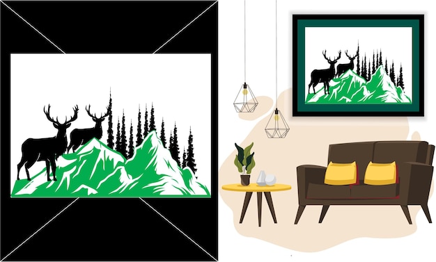 Mountain with deer Landscape Nature Scene Ideal for Wall Art and Posters Vector design