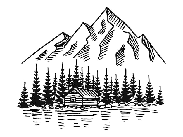 Mountain with pine trees and country house landscape black on white background. Hand drawn rocky peaks in sketch style. Vector illustration.