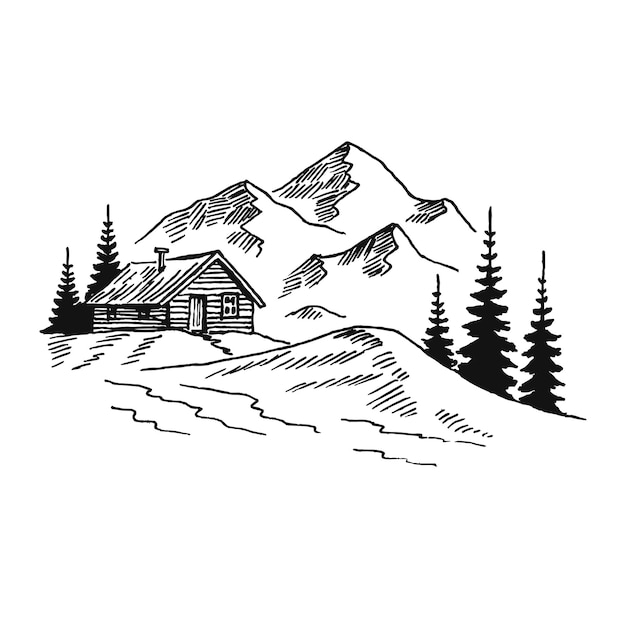 Mountain with pine trees and country house landscape black on white background. Hand drawn rocky peaks in sketch style. Vector illustration.