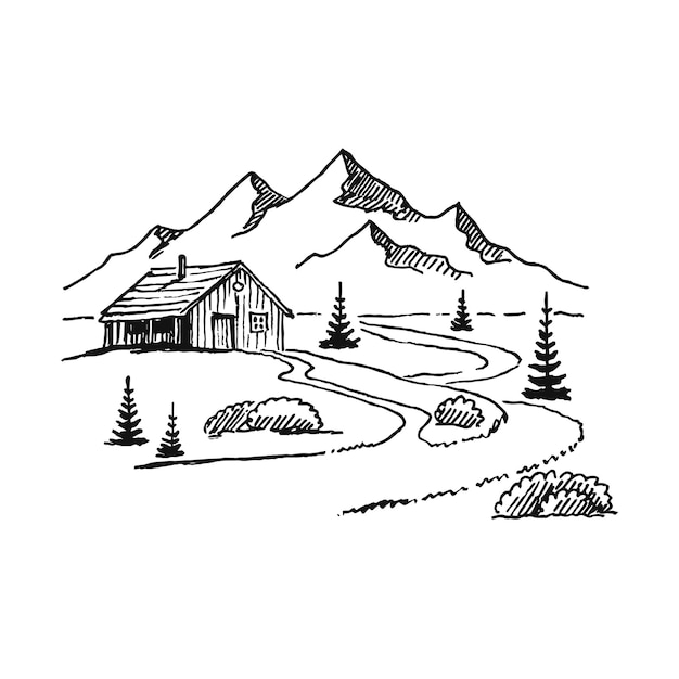 Mountain with pine trees and country house landscape black on white background. Hand drawn rocky peaks in sketch style. Vector illustration.