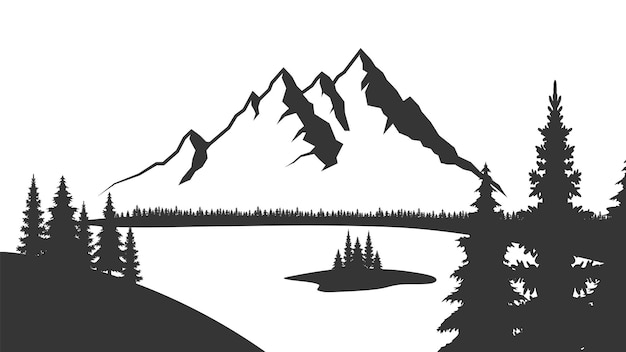 Mountain with pine trees and landscape black on white background Vector illustration mountain with pine trees on white background Mountain verctor illustration