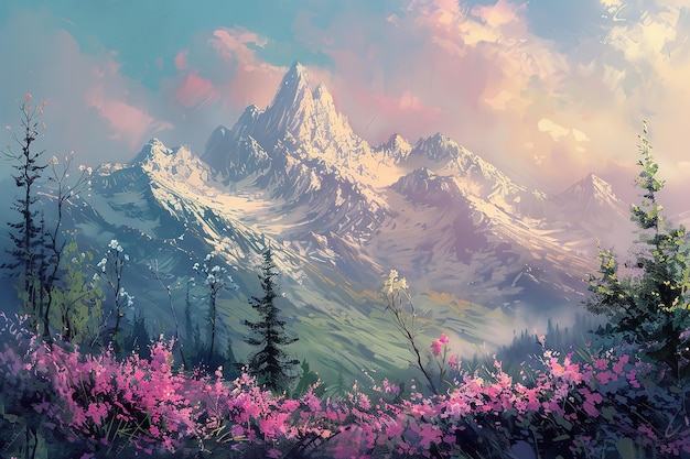 a mountain with pink flowers and a mountain in the background