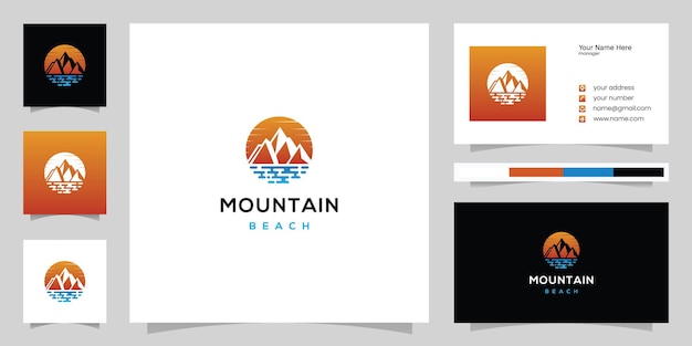 Mountain with sea, panorama of beach logo and business card design template inspiration