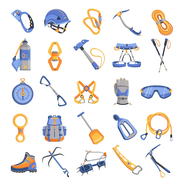 Mountaineering equipment icons set