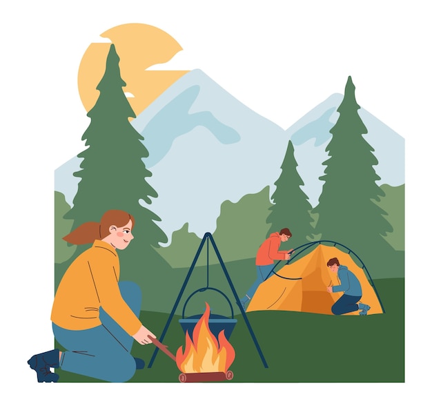 Mountaineering Travelers sitting near campfire during nature adventure