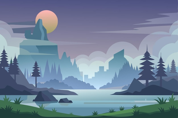 Vector mountainous landscape with lake and sunset