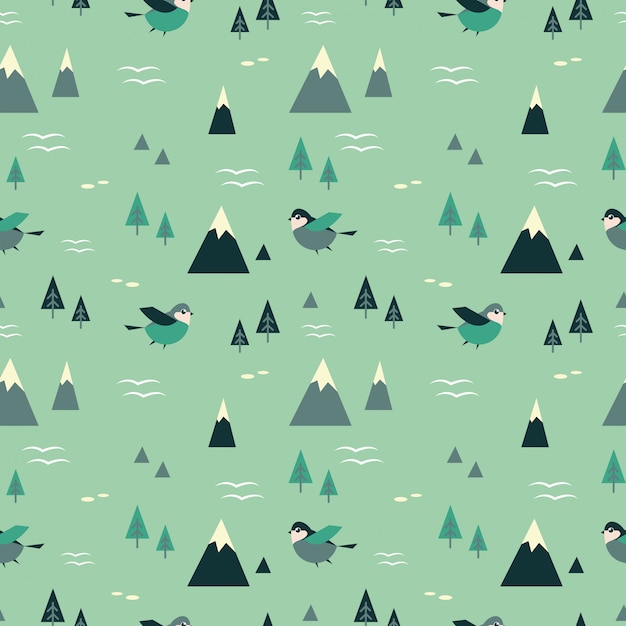 Mountains and Birds Seamless Pattern