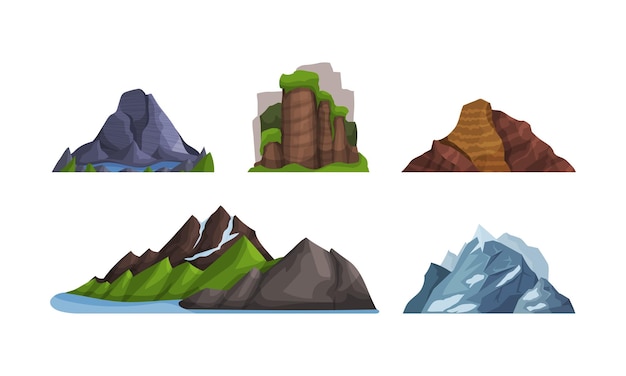 Mountains and hills of various shapes and colors with snow or greenery on top Vector illustration