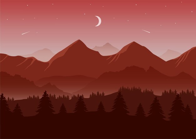 Vector mountains landscape vector illustration. pine forest and mountain red silhouettes background.