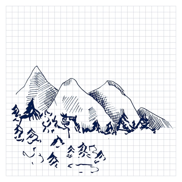 The mountains. Mountain landscape sketch style. One-color linear drawing. Hand drawn vector illustration.