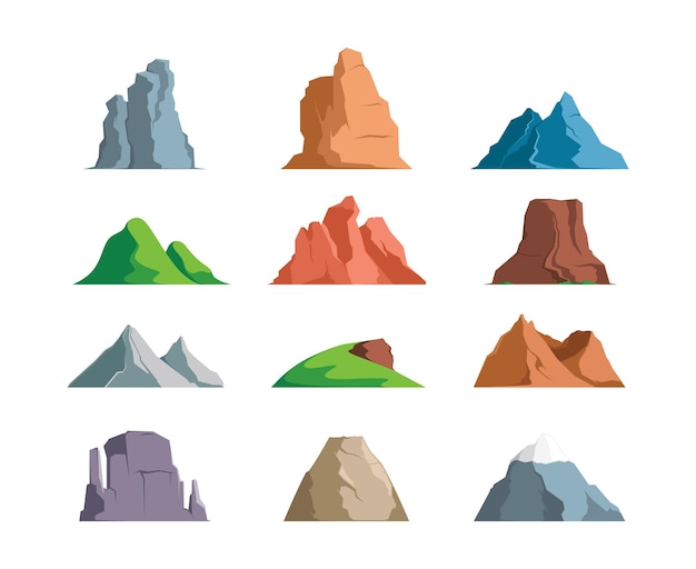 Mountains Outdoor symbols for tourists travellers exploring rocky mountains stones with grass iceberg garish vector cartoon illustration set