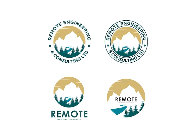 mountains river evergreen pine tree logo design