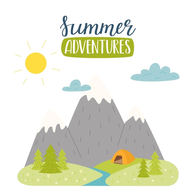 Mountains river fir trees and tent on the horizon and handwritten words Summer advrntures Summer landscape Outdoor recreation hiking camping tourism Flat cartoon vector illustration on white