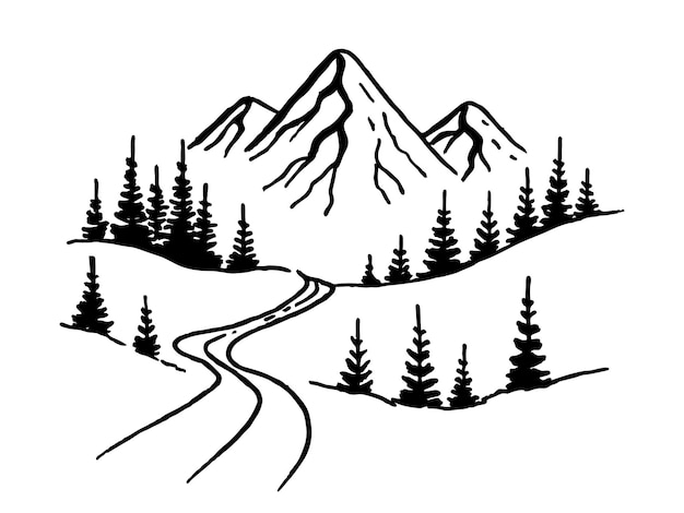 Mountains road. Landscape black on white background. Hand drawn rocky peaks in sketch style. Vector illustration.