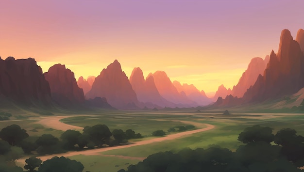 Mountains Scenery During Sunset or Sunrise Detailed Hand Drawn Painting Illustration