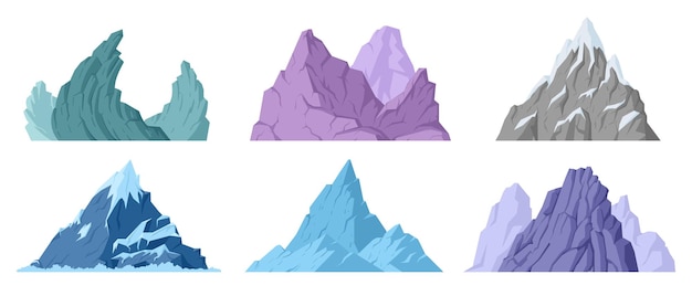 Mountains set Cartoon hill tops mountain snowy peak and rocky range outdoor hiking nature landscape mountain silhouettes flat vector illustrations on white background