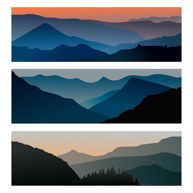 Mountains sunrise and mountains sunset horizontal banner Travel mountain landscape Vector