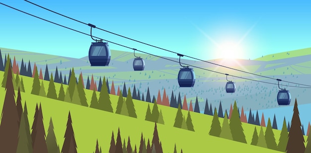 Mountains with cableway green grass pines and fir trees ski resort in springtime summer vacation concept beautiful landscape