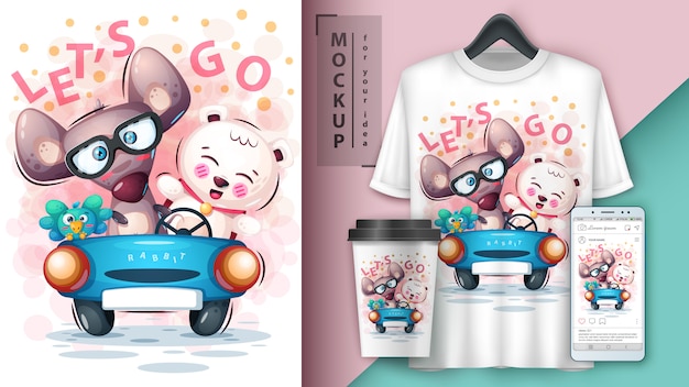 Vector mouse, bird, bearposter and merchandising