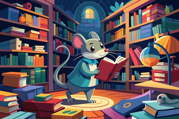 A mouse exploring a library of oversized books