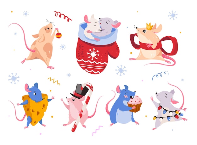 Mouse New Year simbol Vector set of isolated mouse characters Sticker rat emoticon design