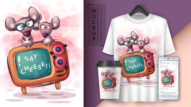 Vector mouse and tv poster and merchandising