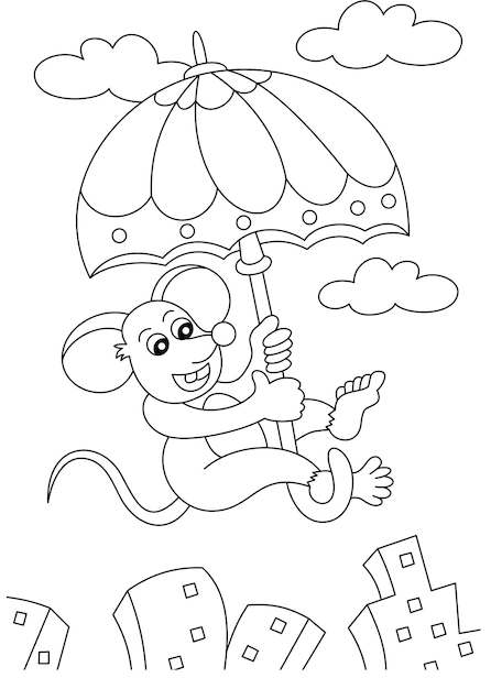 mouse with umbrella coloring page or book for kid vector