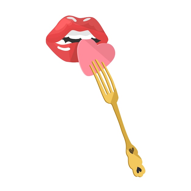 Mouth bites heart on fork Happy Valentine's Day Red lips All lovers Day decoration element Colored