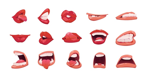 Mouth expression Cartoon face emotion with open and clothed mouth lips teeth and tongue happy sad angry and sexy cute emotions collection Vector set