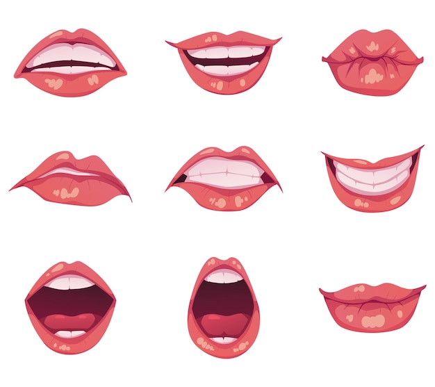 Mouth facial lips with different emotions animations isolated concept set