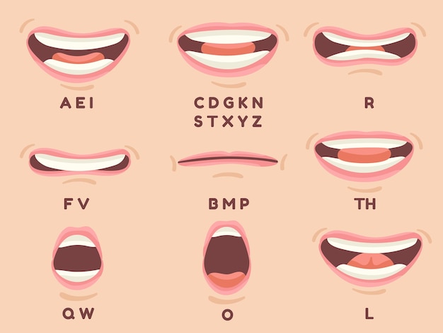 Mouth sync Animate talking mouths lips with tongue for cartoon character speaking english articulation and pronunciation signs decent vector set