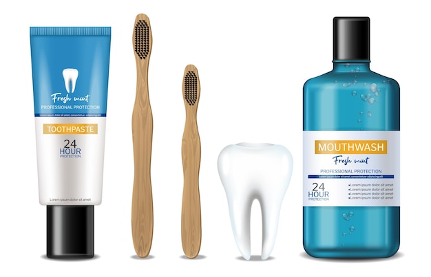 Mouthwash and dental bamboo isolated brush realistic