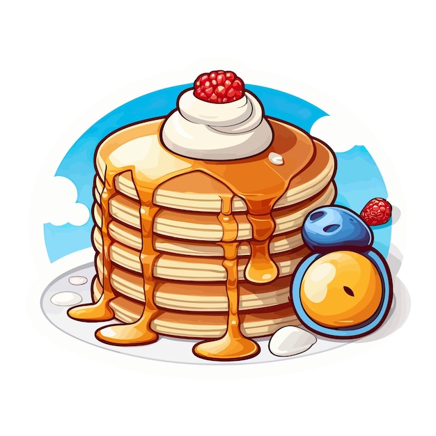 MouthWatering Pancakes with butter and Syrup cartoon sticker Vector Illustrations