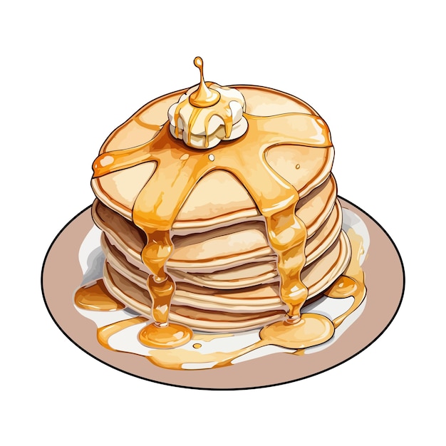 MouthWatering Pancakes with butter and Syrup cartoon sticker Vector Illustrations