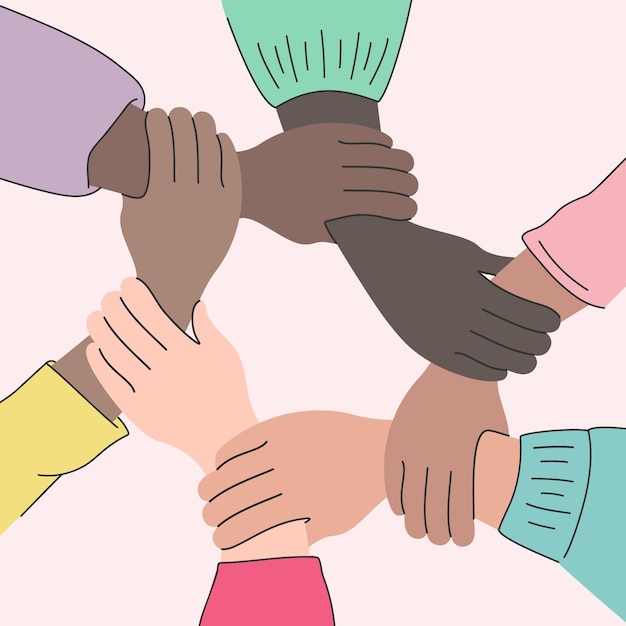 Movement against discrimination inequality antiracism Allyship woman feminism International woman day Multicultural hands holding Community team concept Racial equality