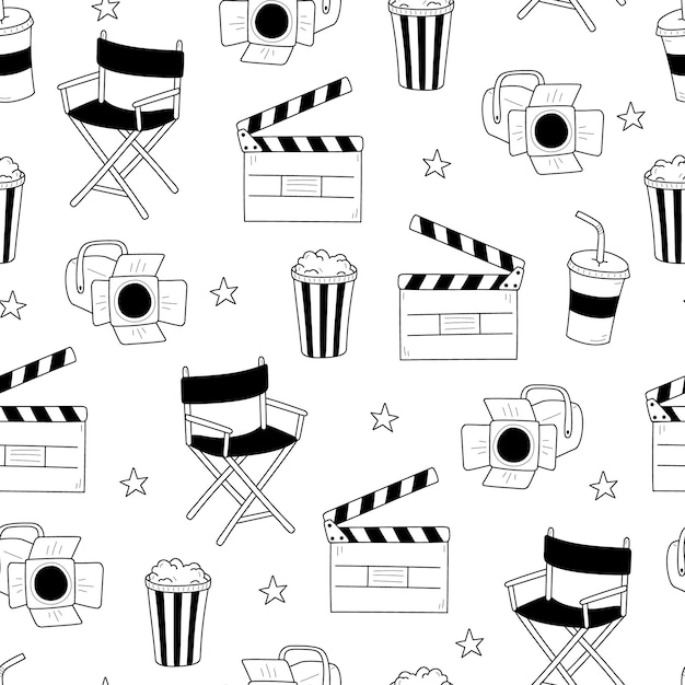 Movie cinema vector pattern Doodle hand drawn sketch style movie seamless pattern Cinema elements