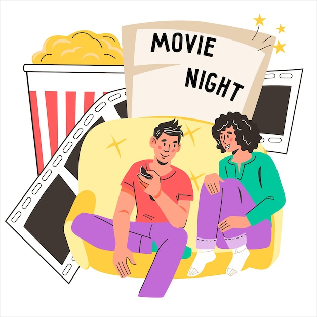 Movie night banner or poster with people watch TV flat vector illustration isolated