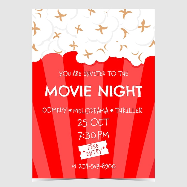 Movie night invitation card or advertisement banner with the red popcorn bucket in the background.