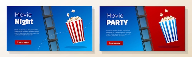 Vector movie night online banner template set film theater party corporate advertisement horizontal ad