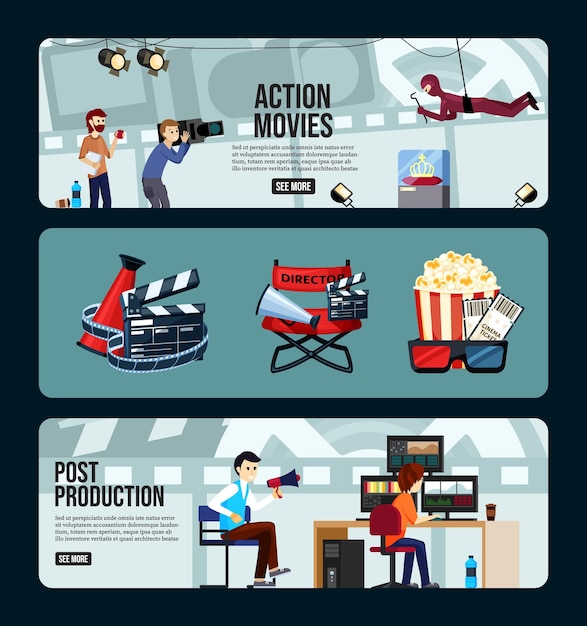 Movie production clapboard camera filming persons vector entertainment banners collection