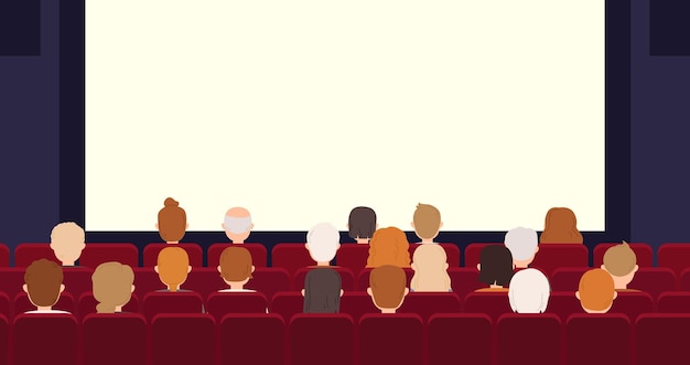 Vector movie theater interior cinema empty screen and audience people watch film sitting back in red seats snugly vector entertainment banner