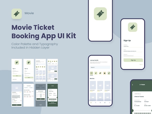 Movie Ticket Booking App UI Kit Including Account Sign In Sign Up Booking And Service Type Review Screens For Responsive Website