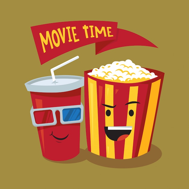 Movie time cartoon popcorn and soda illustration